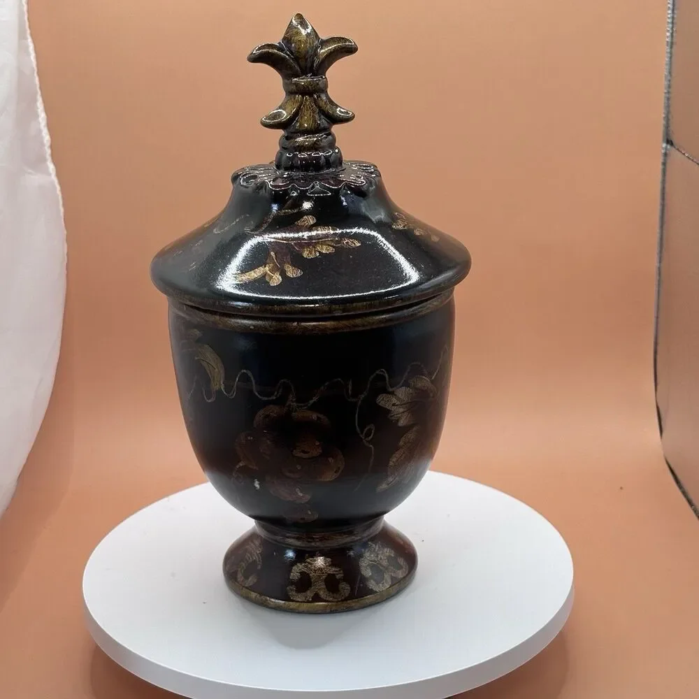 Decorative Black Lidded Urn Canister Gold Acorn Oak Leaf Harvest Decor 12